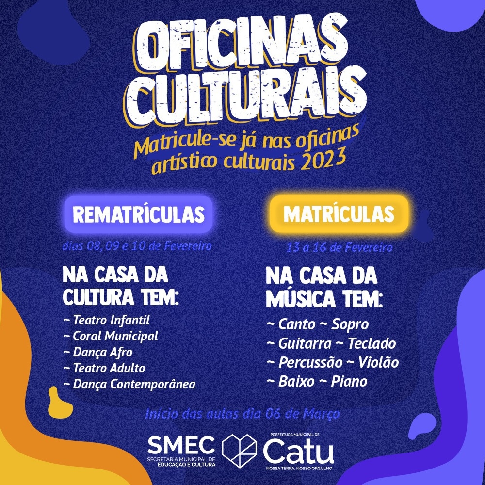 A Secretaria de Educação e Cultura anunciou a abertura de inscrições para oficinas culturais